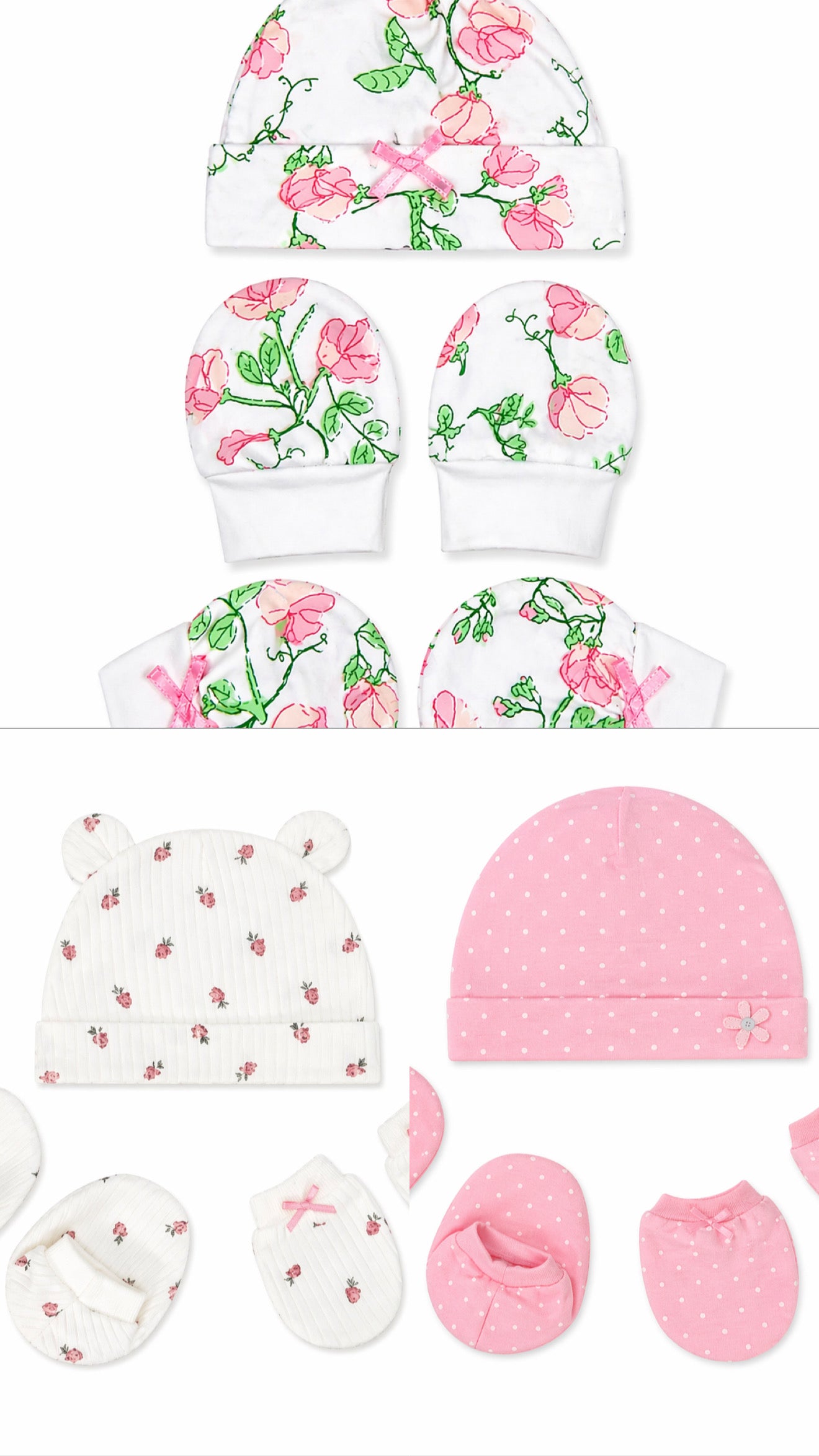 Sunnozy 3pcs Cotton Hat, Mittens And Booties
