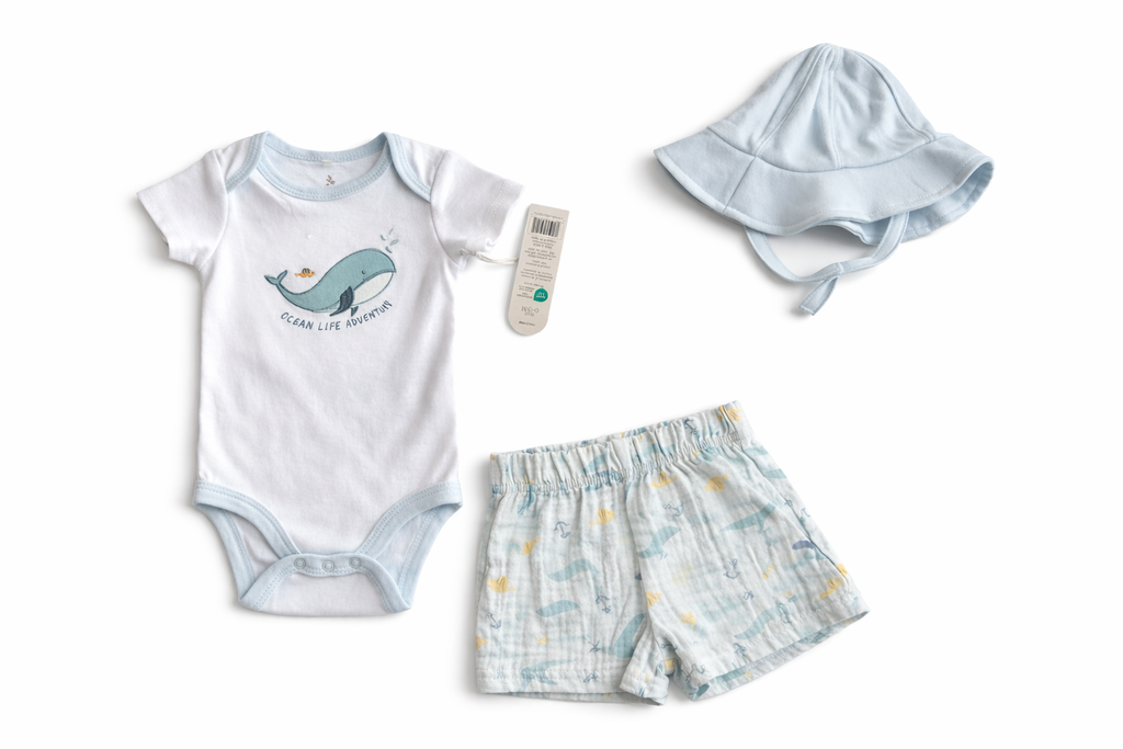 Petite Olive 3 Pcs Boys Bodysuit With Hat And Linen Shorts