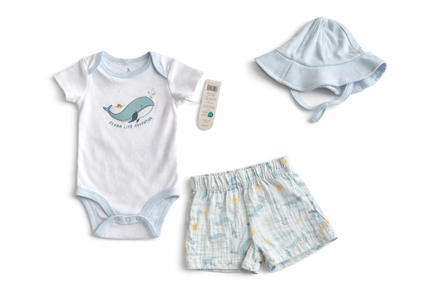 Petite Olive 3 Pcs Boys Bodysuit With Hat And Linen Shorts