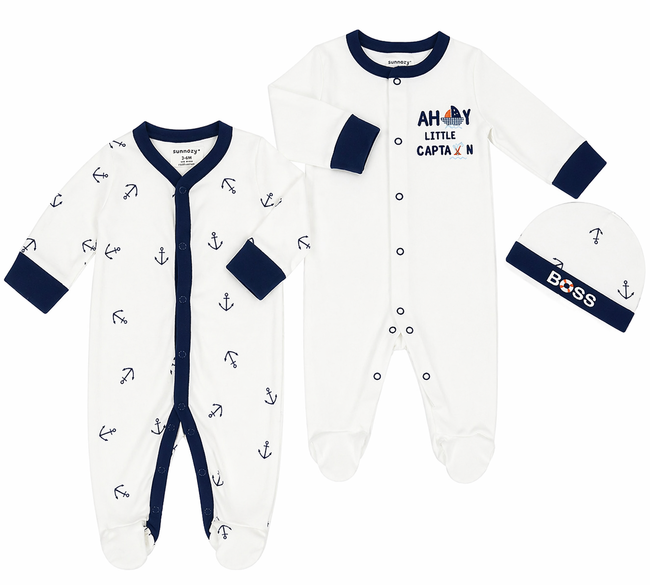 Sunnozy 3pcs Cotton Sleepsuit With Hat